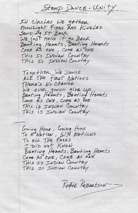Unity Stomp Dance Song hand written and signed by Robbie Robertson